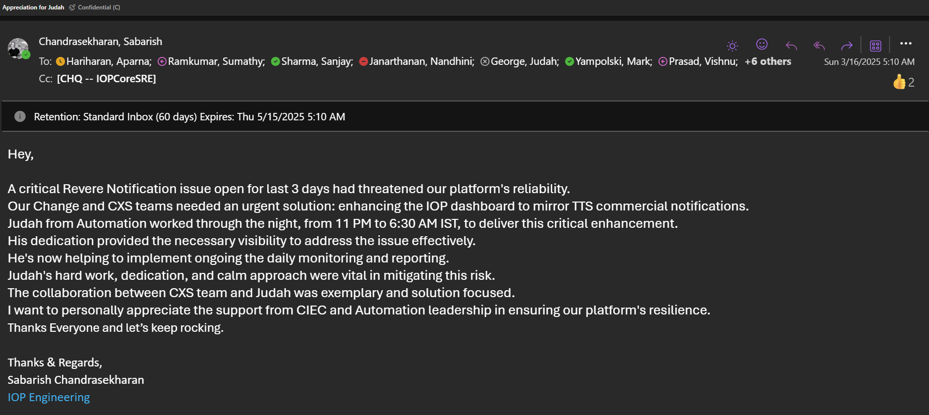 Appreciation from Sabarish — overnight critical fix